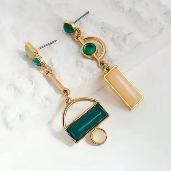 Anthropologie Gold and Green Asymmetrical Geometric Earrings - Picture 8 of 13